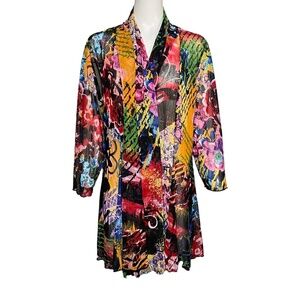 Ali Miles Open Front Duster Cardigan 1X Multicolor Abstract Art Print 3/4 Sleeve
